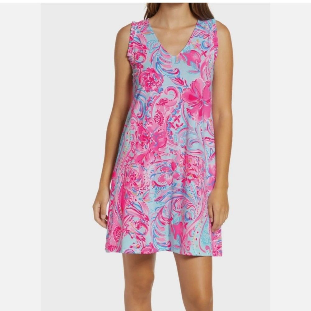 Lilly Pulitzer Pink & Light Blue Floral Sleeveless V-Neck Dress